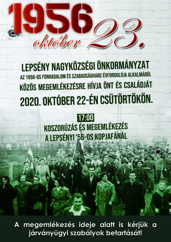 Plakát a lepsényi október 23-i megemlékezésről, mely 2020. október 22-én 17 órakor lesz a lepsényi 56-os kopjafánál