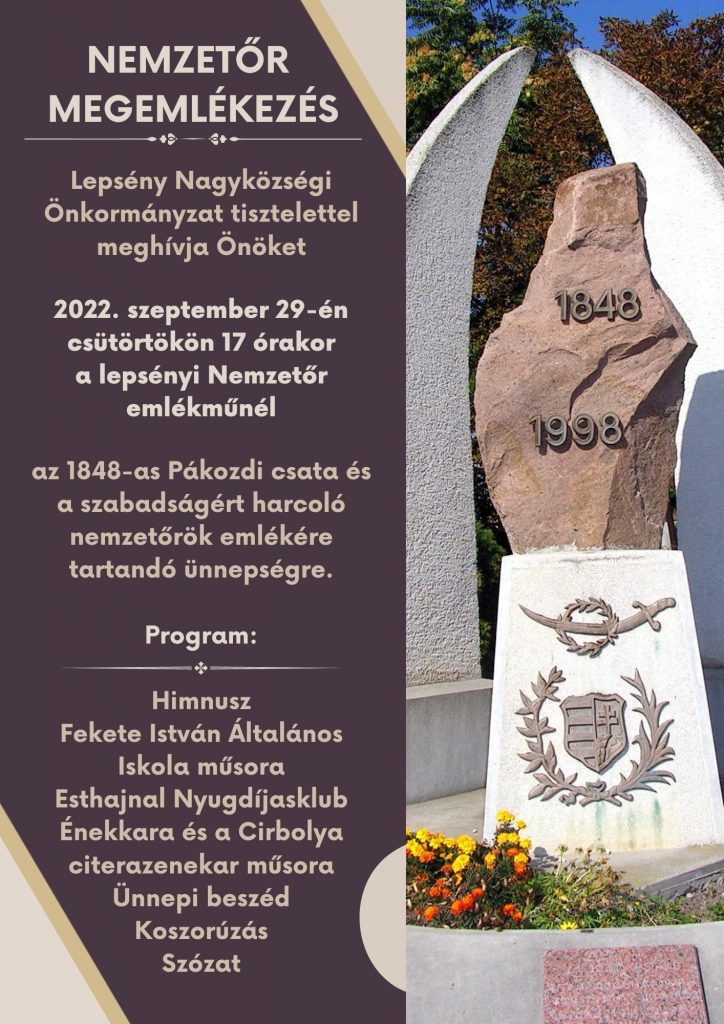 Meghívó nemzetőr megemlékezésre. Szeptember 29-e 17 óra a nemzetőr emlékműnél.